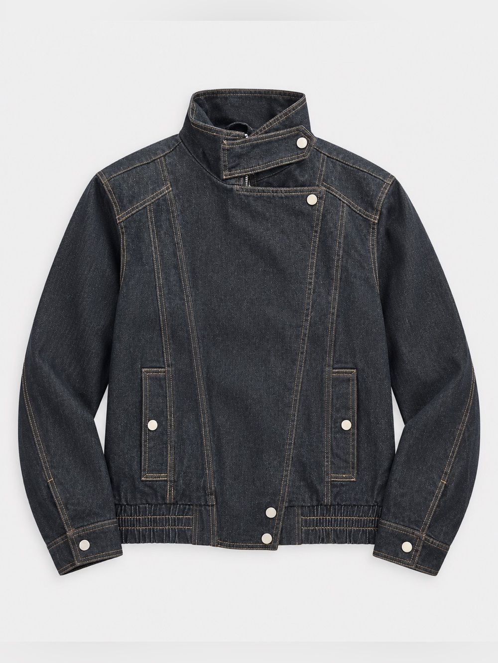 Avec Les Filles Black Denim Moto Jacket Stand Collar Snap Front Size S